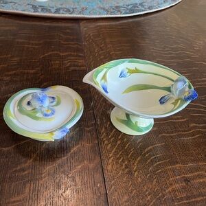 Graff porcelain trinket dish with lid and small bowl with blue Iris decoration.